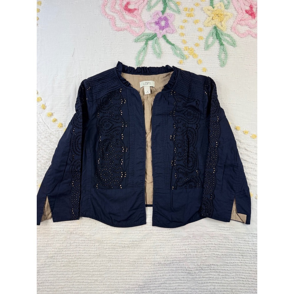 LOFT Navy Blue Eyelet Embellished Open Front Cropped‎ Jacket 4